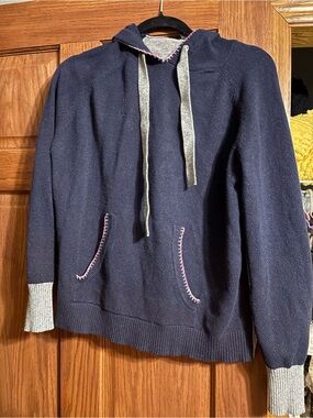 CHARLIE B Navy Crewneck Sweater with Gray Trim and Pink Stitching